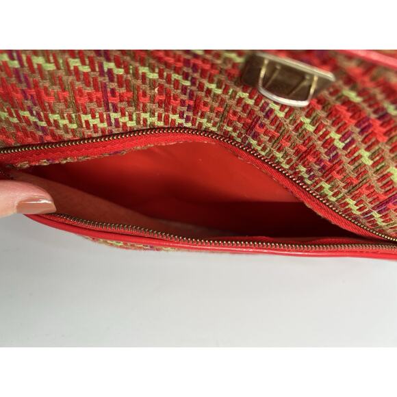 Vintage Suitcase Plaid Made in Japan Red Vinyl Pockets Zipper Retro Travel - Picture 15 of 16